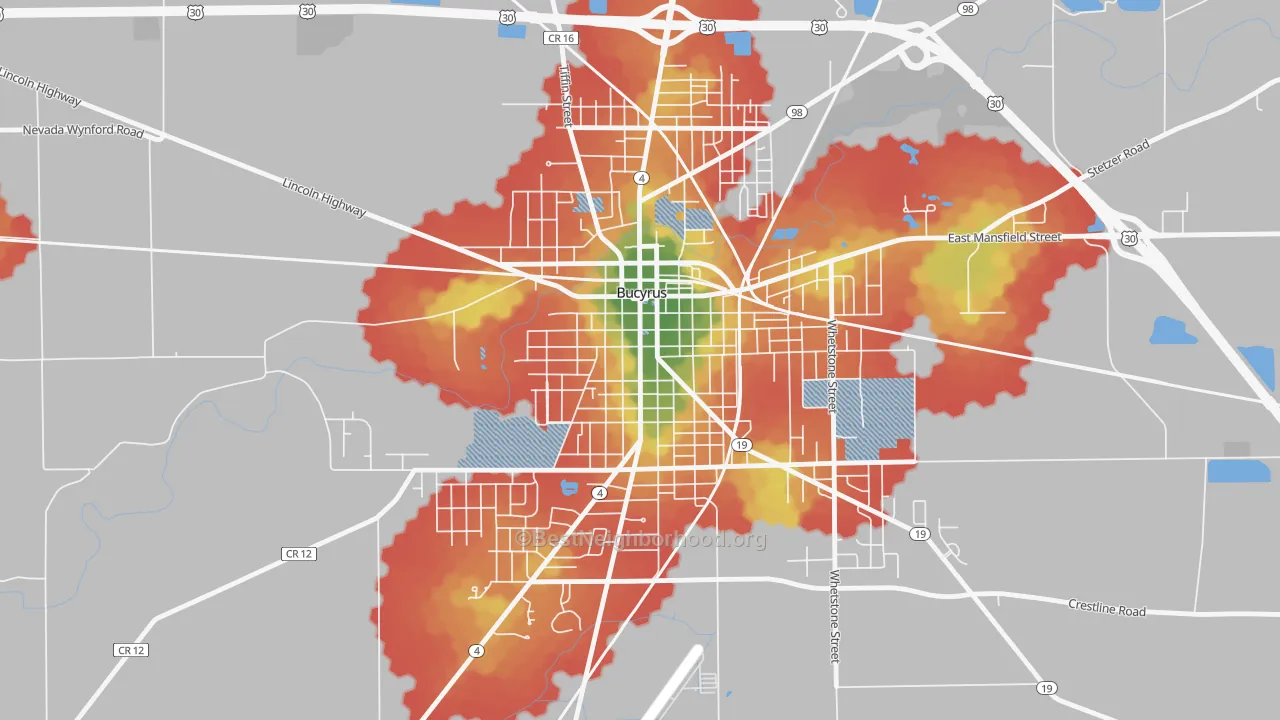 Walk Grade map of Bucyrus Commercial Historical District, Bucyrus, OH, walkable areas in green and car-dependent areas in red