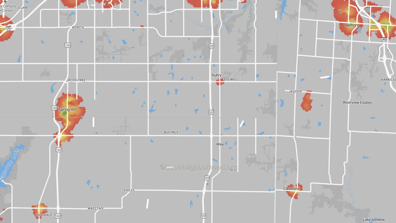 Walk Grade map of Bucyrus, KS, walkable areas in green and car-dependent areas in red