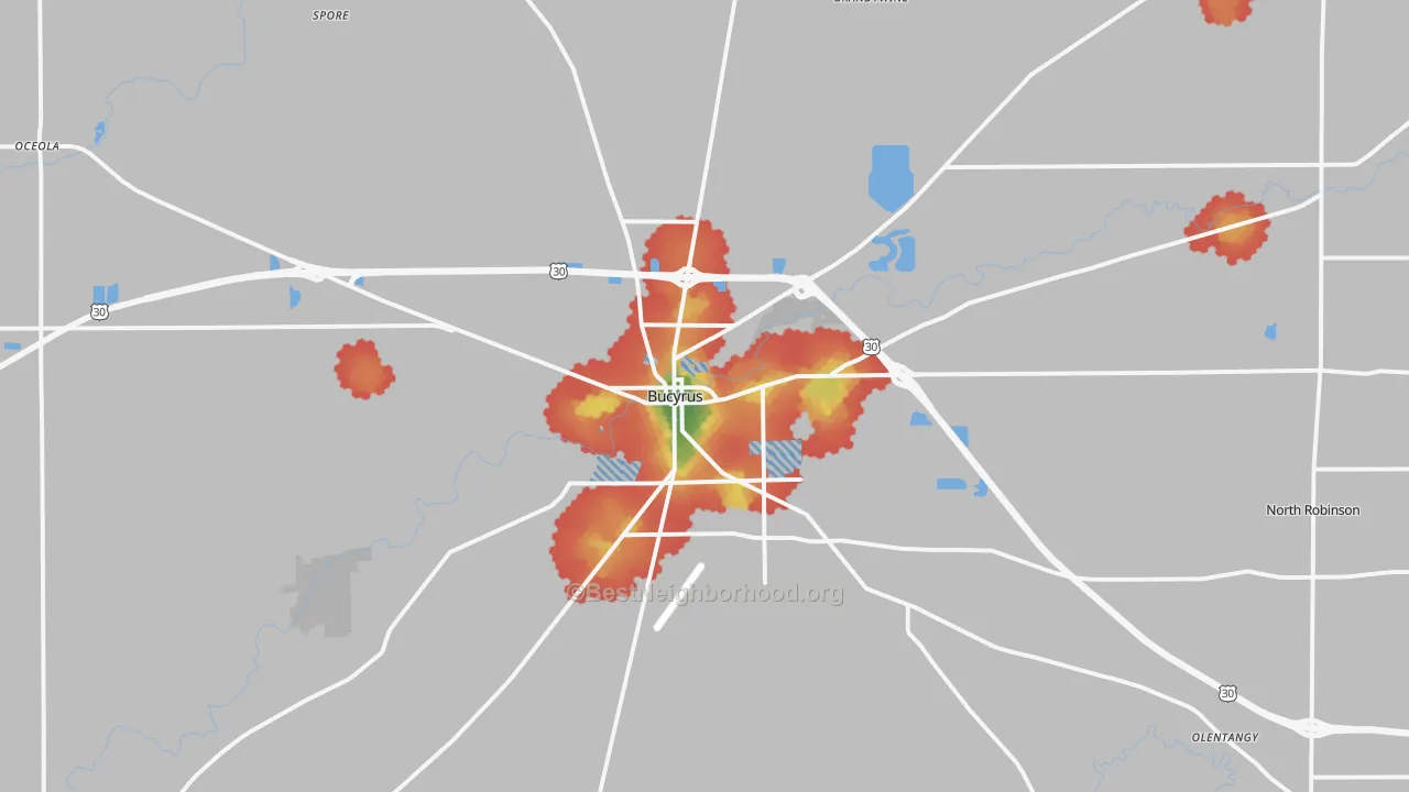 Walk Grade map of Bucyrus, OH, walkable areas in green and car-dependent areas in red