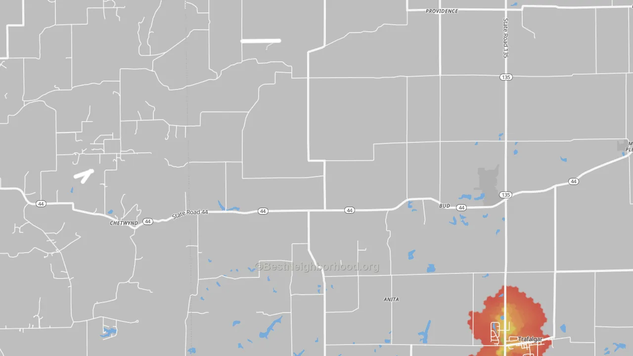 Walk Grade map of Bud, IN, walkable areas in green and car-dependent areas in red