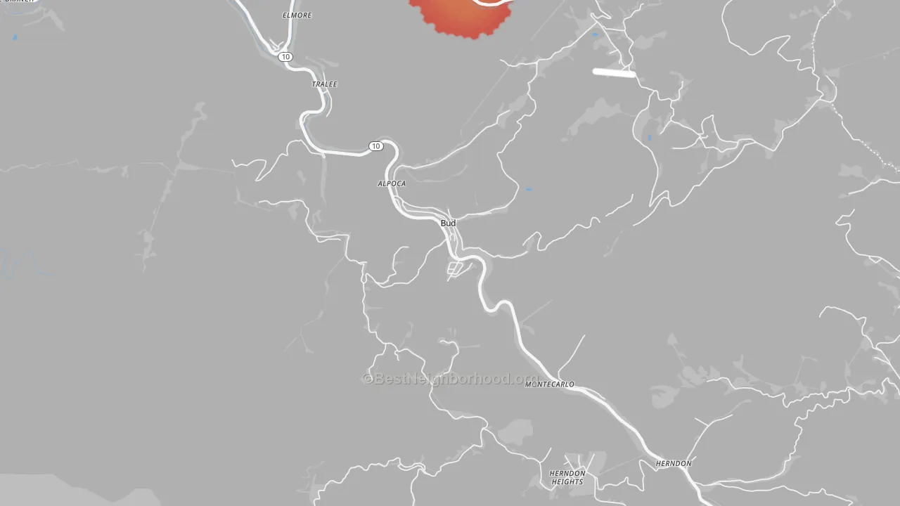 Walk Grade map of Bud, WV, walkable areas in green and car-dependent areas in red