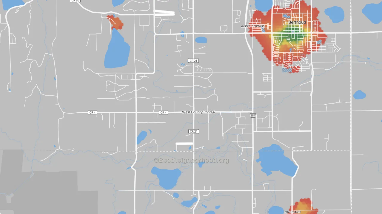 Walk Grade map of Buda, CO, walkable areas in green and car-dependent areas in red