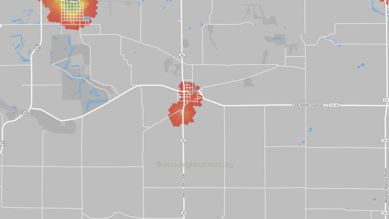 Walk Grade map of Buda, IL, walkable areas in green and car-dependent areas in red