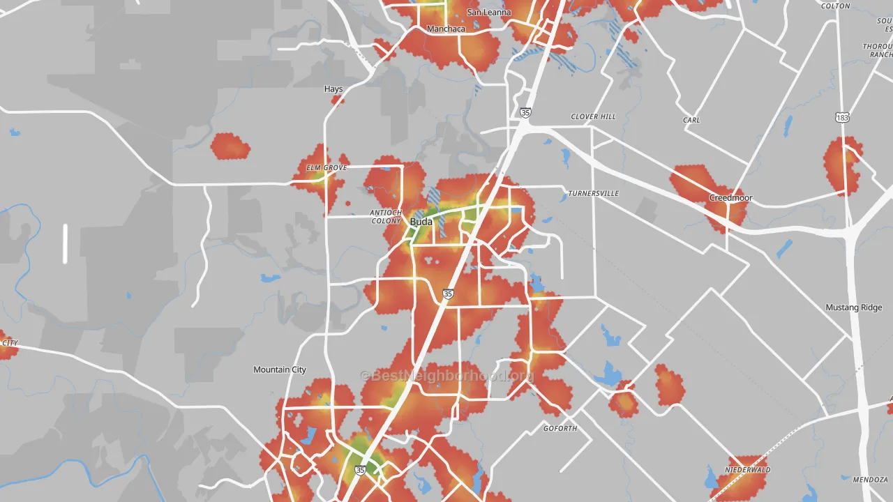 Walk Grade map of Buda, TX, walkable areas in green and car-dependent areas in red