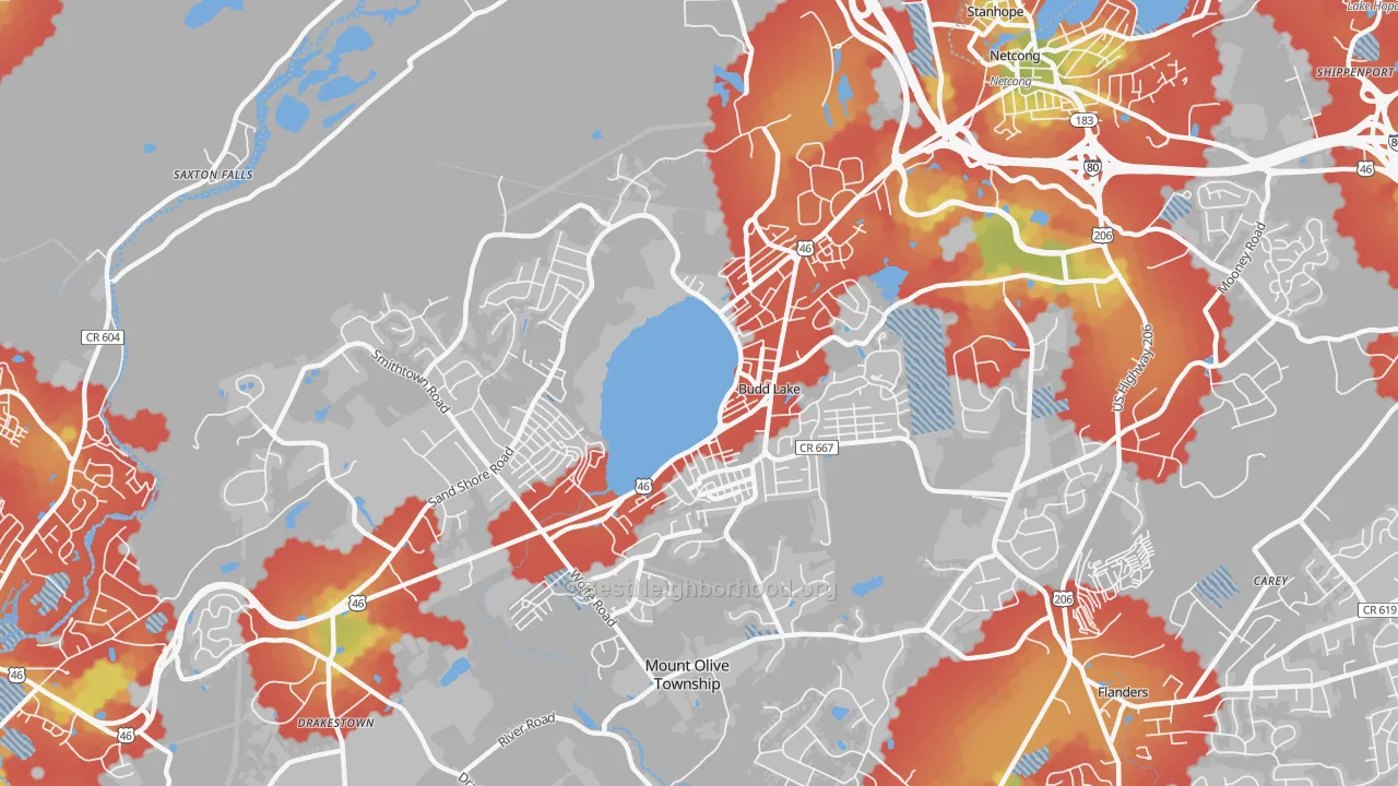 Walk Grade map of Budd Lake, NJ, walkable areas in green and car-dependent areas in red