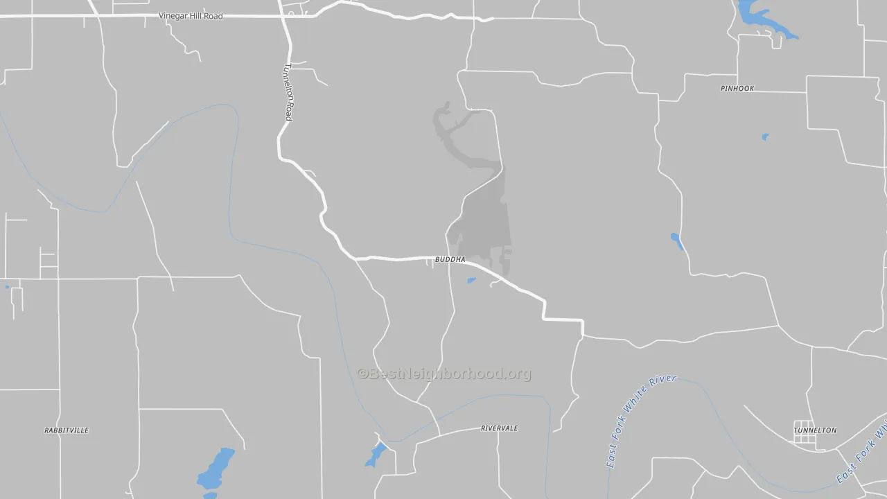 Walk Grade map of Buddha, IN, walkable areas in green and car-dependent areas in red
