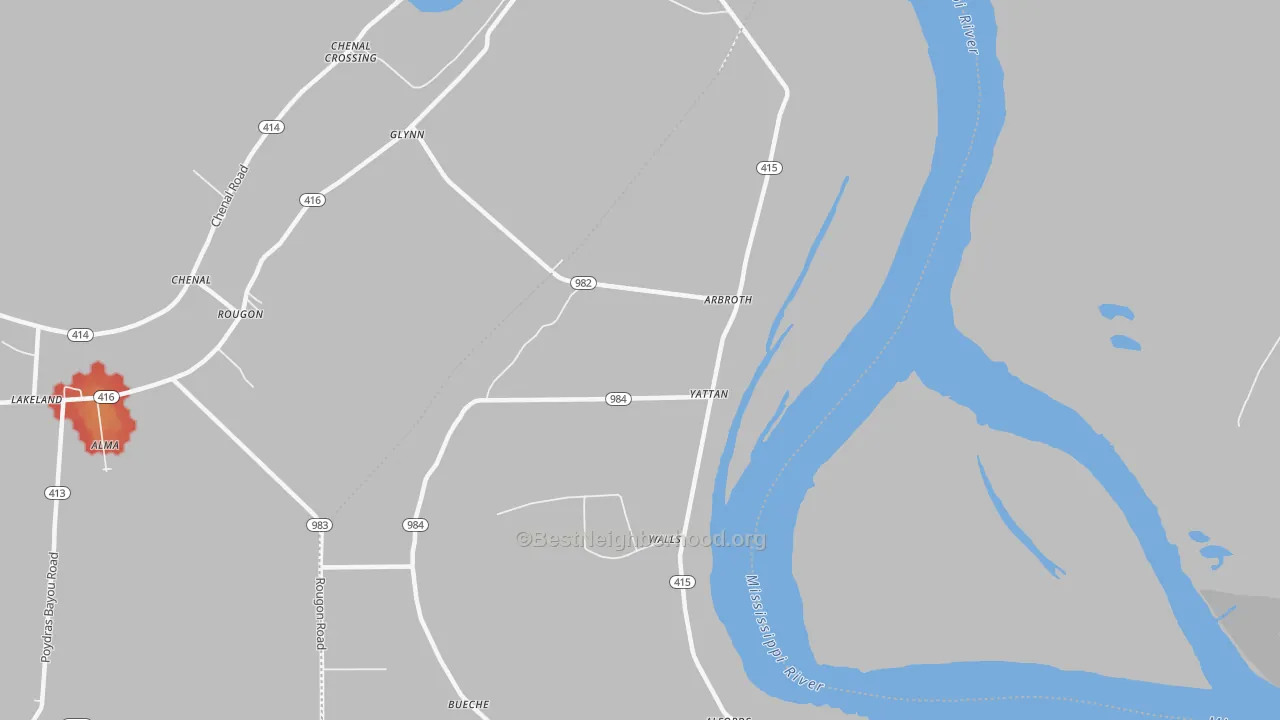 Walk Grade map of Bueche, LA, walkable areas in green and car-dependent areas in red