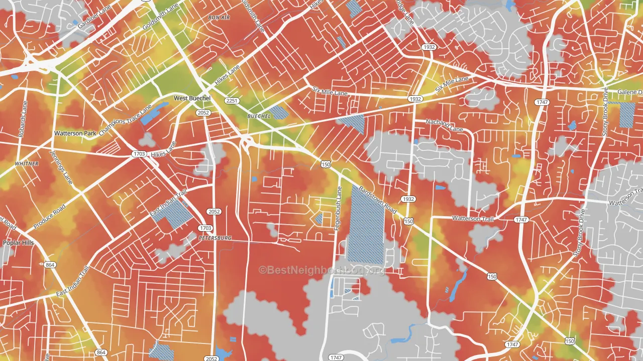 Walk Grade map of Buechel, Louisville, KY, walkable areas in green and car-dependent areas in red