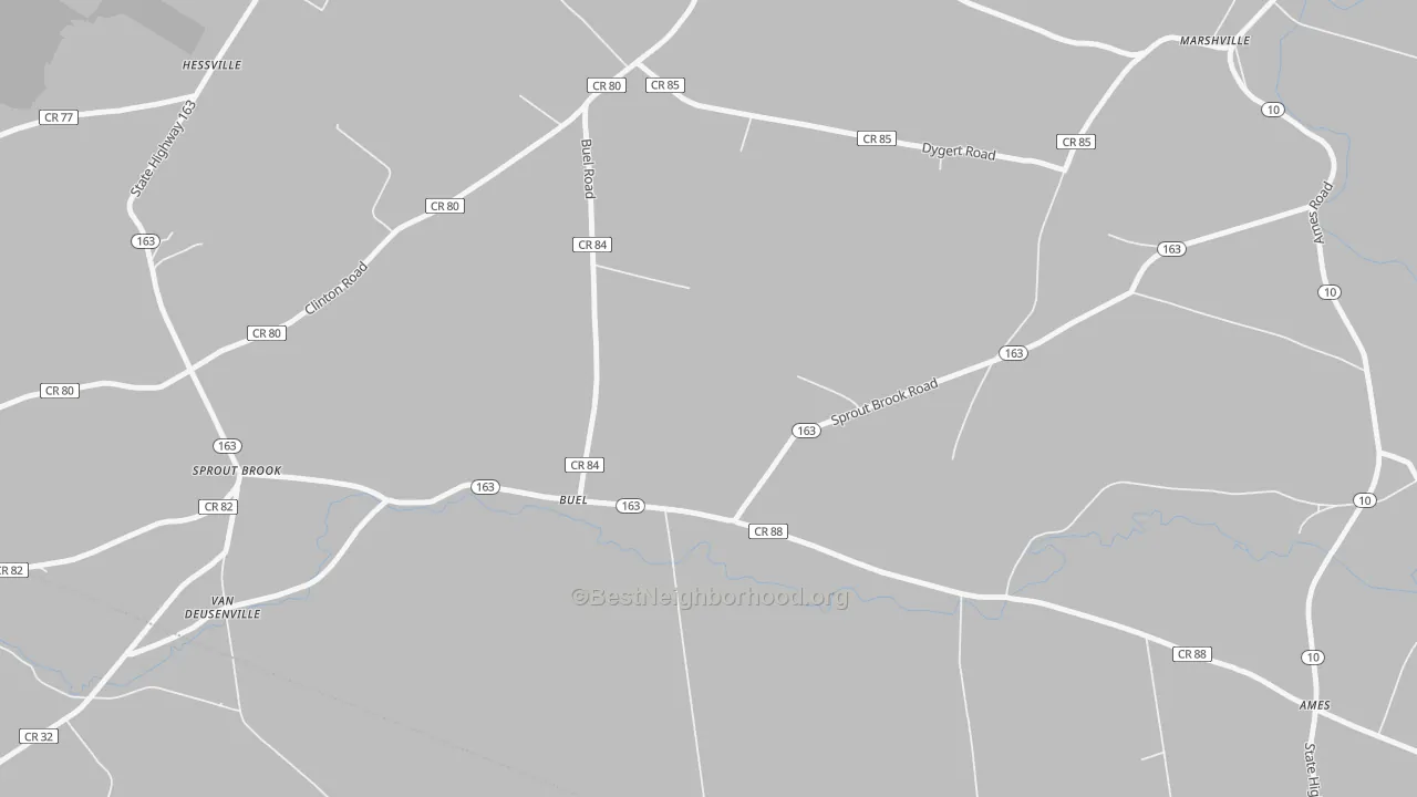 Walk Grade map of Buel, NY, walkable areas in green and car-dependent areas in red