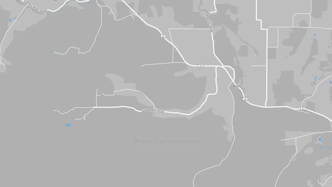 Walk Grade map of Buell, OR, walkable areas in green and car-dependent areas in red