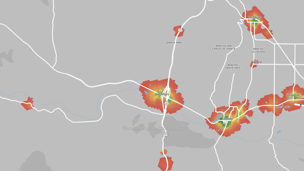 Walk Grade map of Buellton, CA, walkable areas in green and car-dependent areas in red
