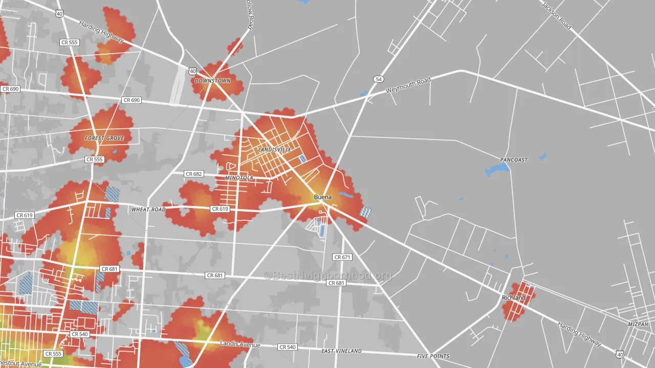 Walk Grade map of Buena, NJ, walkable areas in green and car-dependent areas in red