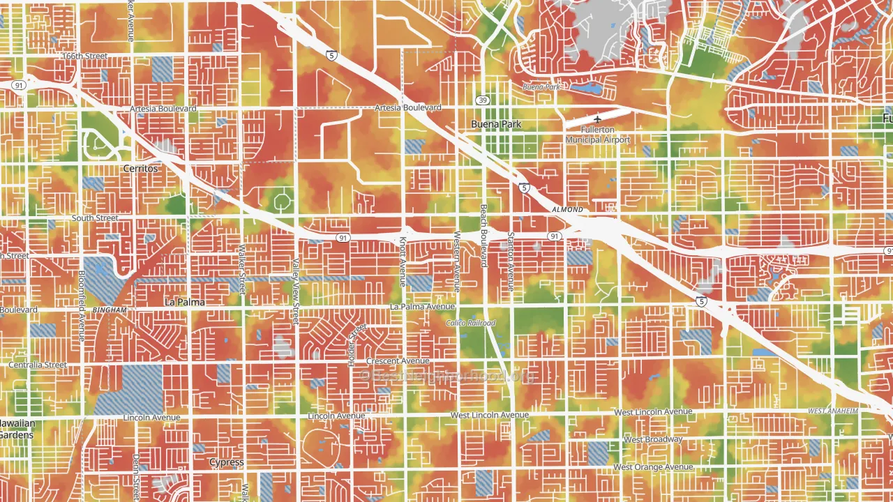 Walk Grade map of Buena Park, CA, walkable areas in green and car-dependent areas in red