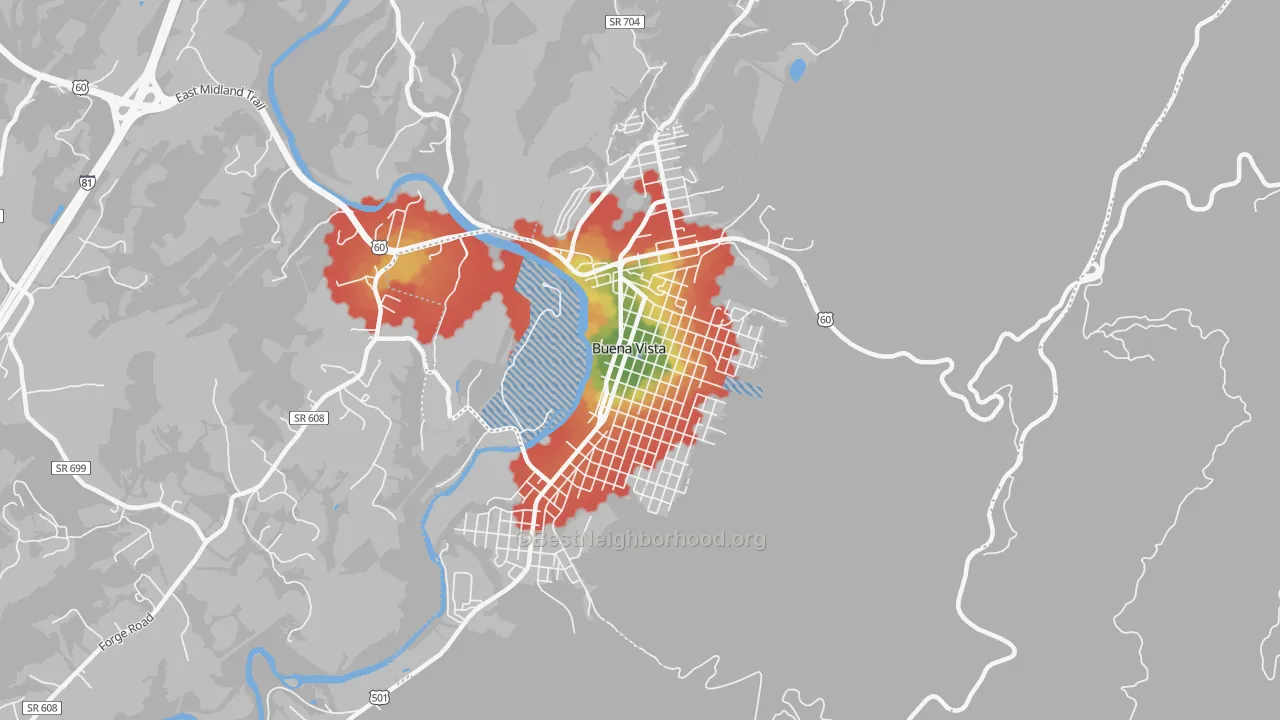 Walk Grade map of Buena Vista City, VA, walkable areas in green and car-dependent areas in red