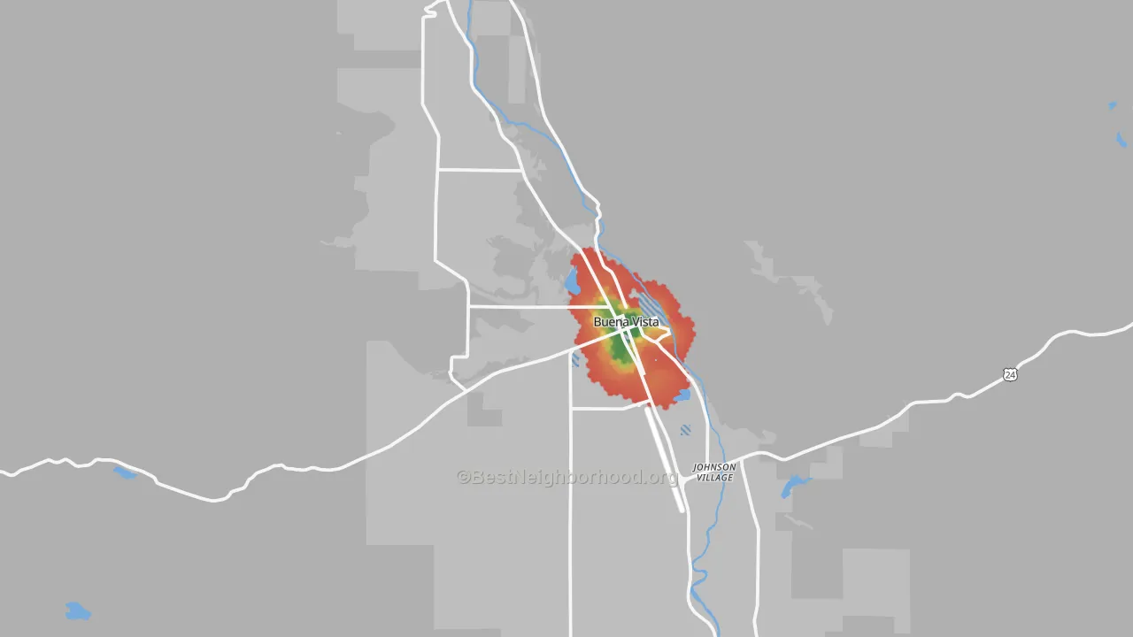 Walk Grade map of Buena Vista, CO, walkable areas in green and car-dependent areas in red