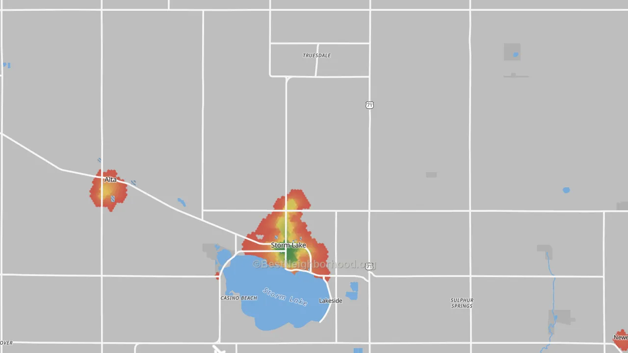 Walk Grade map of Buena Vista County, IA, walkable areas in green and car-dependent areas in red