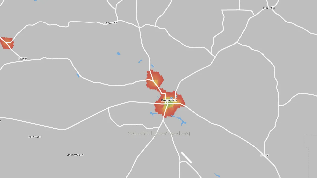 Walk Grade map of Buena Vista, GA, walkable areas in green and car-dependent areas in red