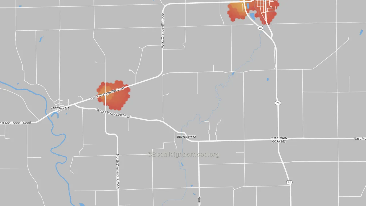 Walk Grade map of Buena Vista, IL, walkable areas in green and car-dependent areas in red