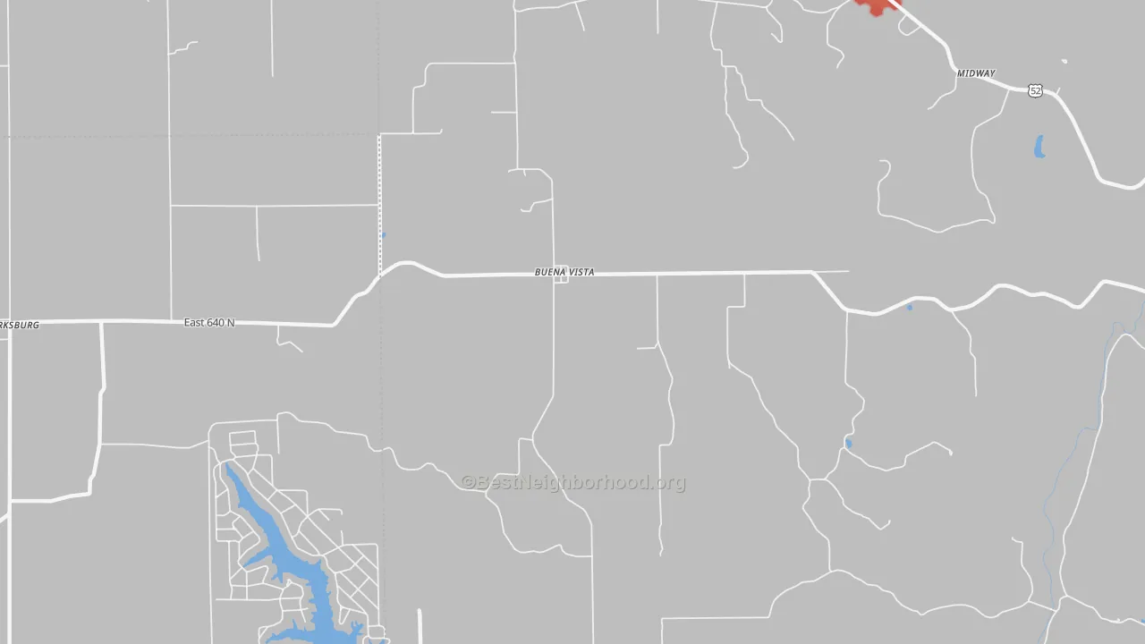 Walk Grade map of Buena Vista, IN, walkable areas in green and car-dependent areas in red