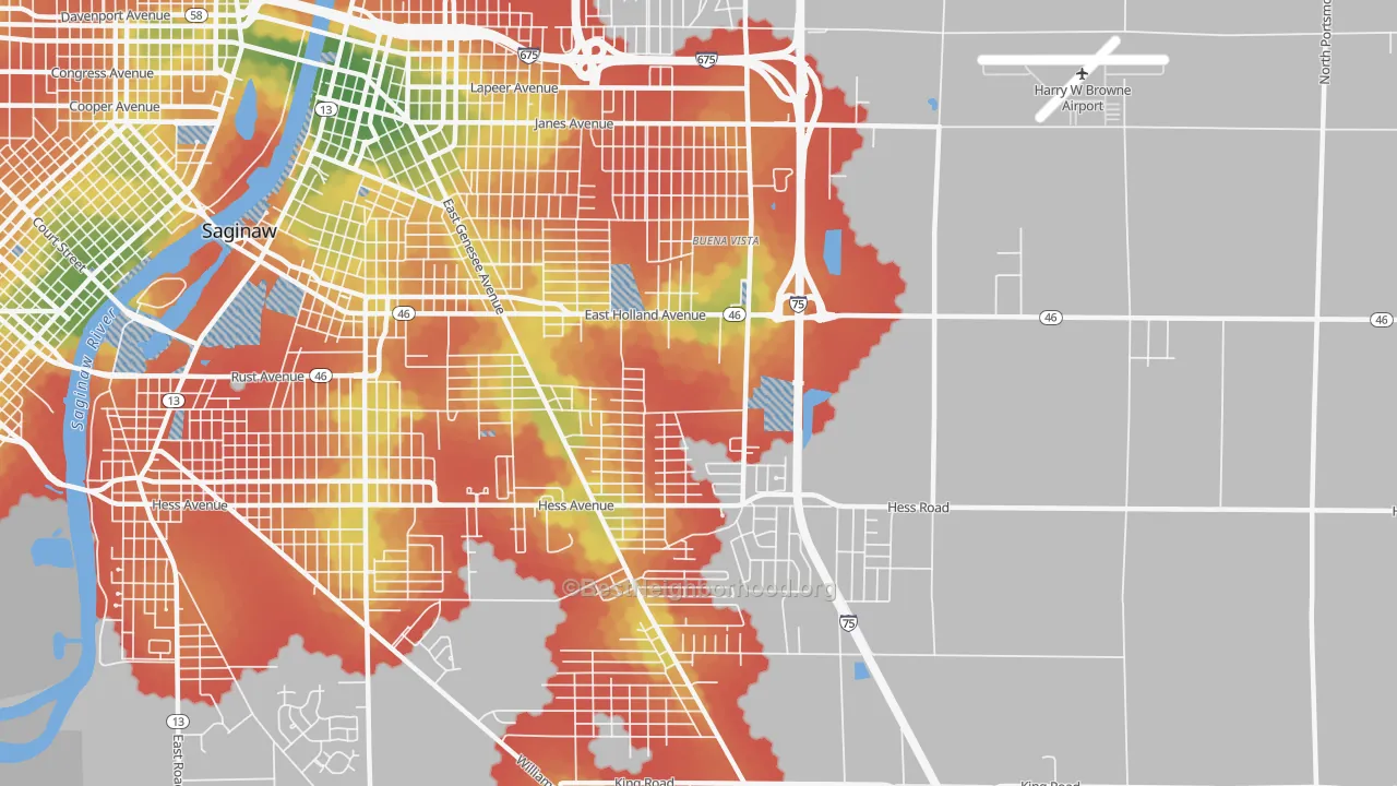 Walk Grade map of Buena Vista, MI, walkable areas in green and car-dependent areas in red