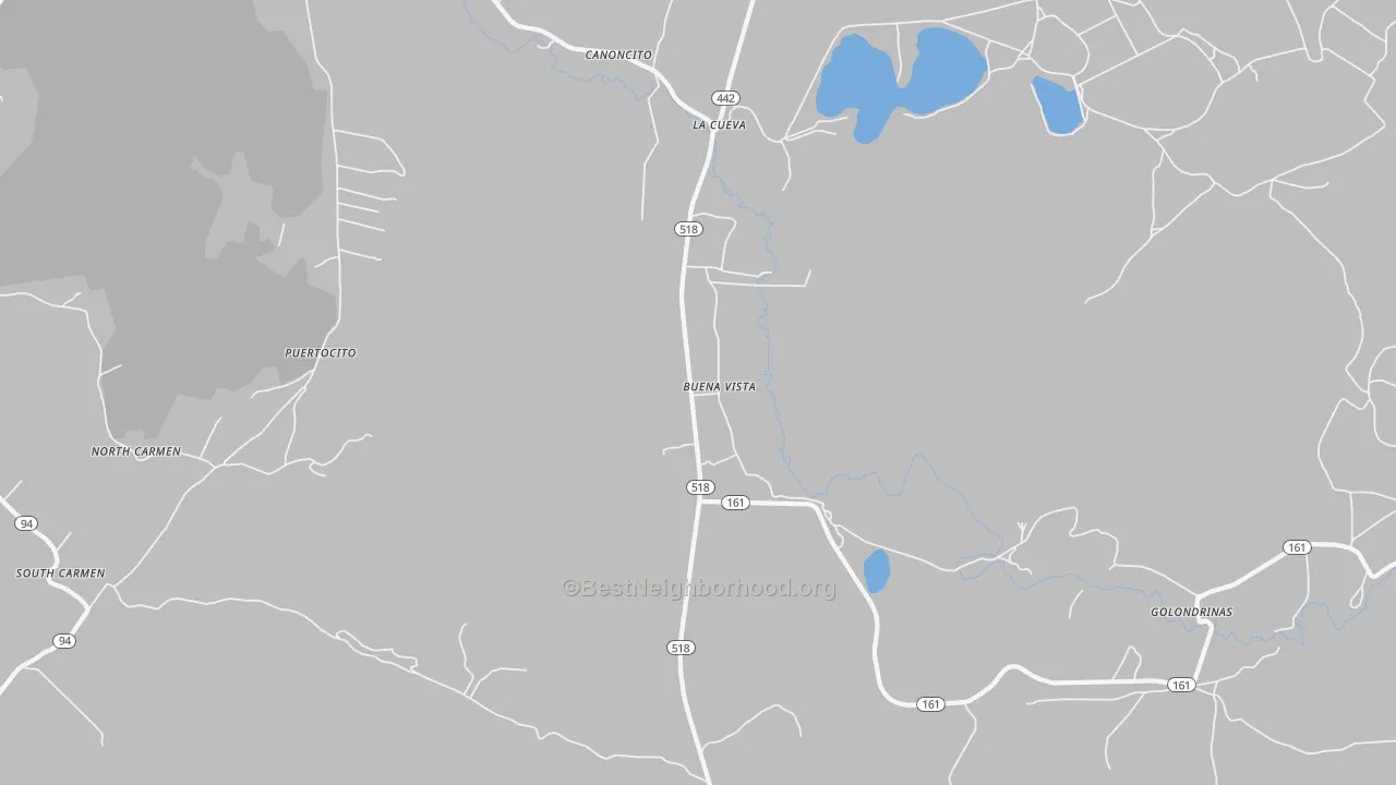 Walk Grade map of Buena Vista, NM, walkable areas in green and car-dependent areas in red