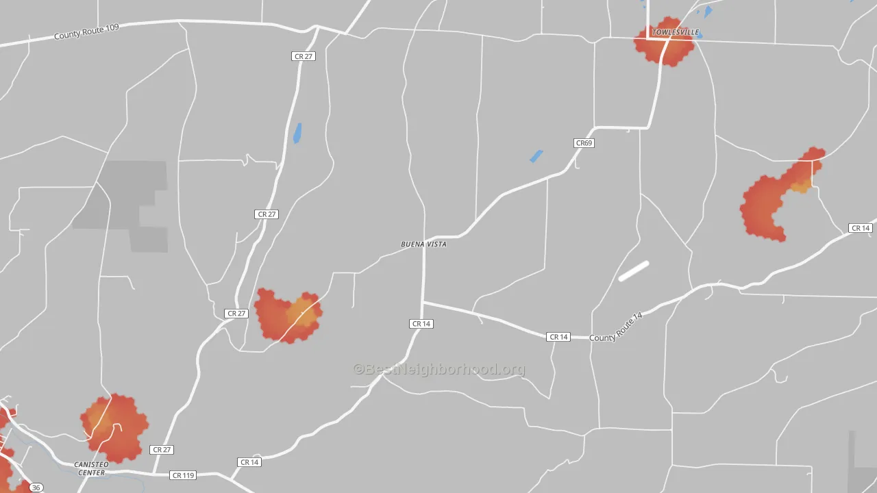 Walk Grade map of Buena Vista, NY, walkable areas in green and car-dependent areas in red