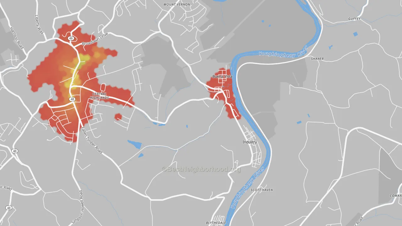 Walk Grade map of Buena Vista, PA, walkable areas in green and car-dependent areas in red