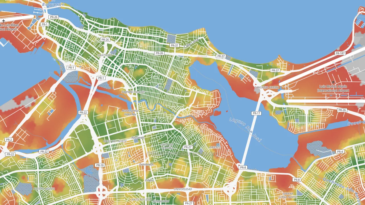 Walk Grade map of Buena Vista Santurce, San Juan, PR, walkable areas in green and car-dependent areas in red