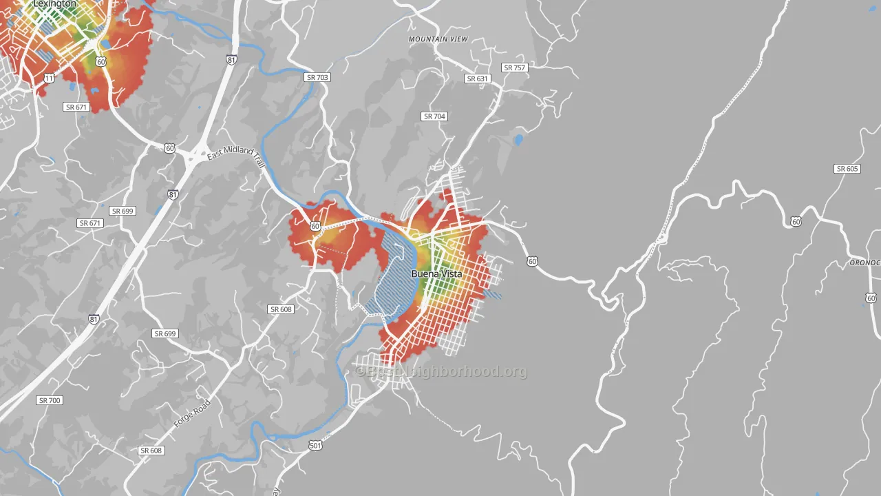 Walk Grade map of Buena Vista, VA, walkable areas in green and car-dependent areas in red