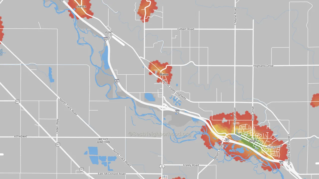 Walk Grade map of Buena, WA, walkable areas in green and car-dependent areas in red