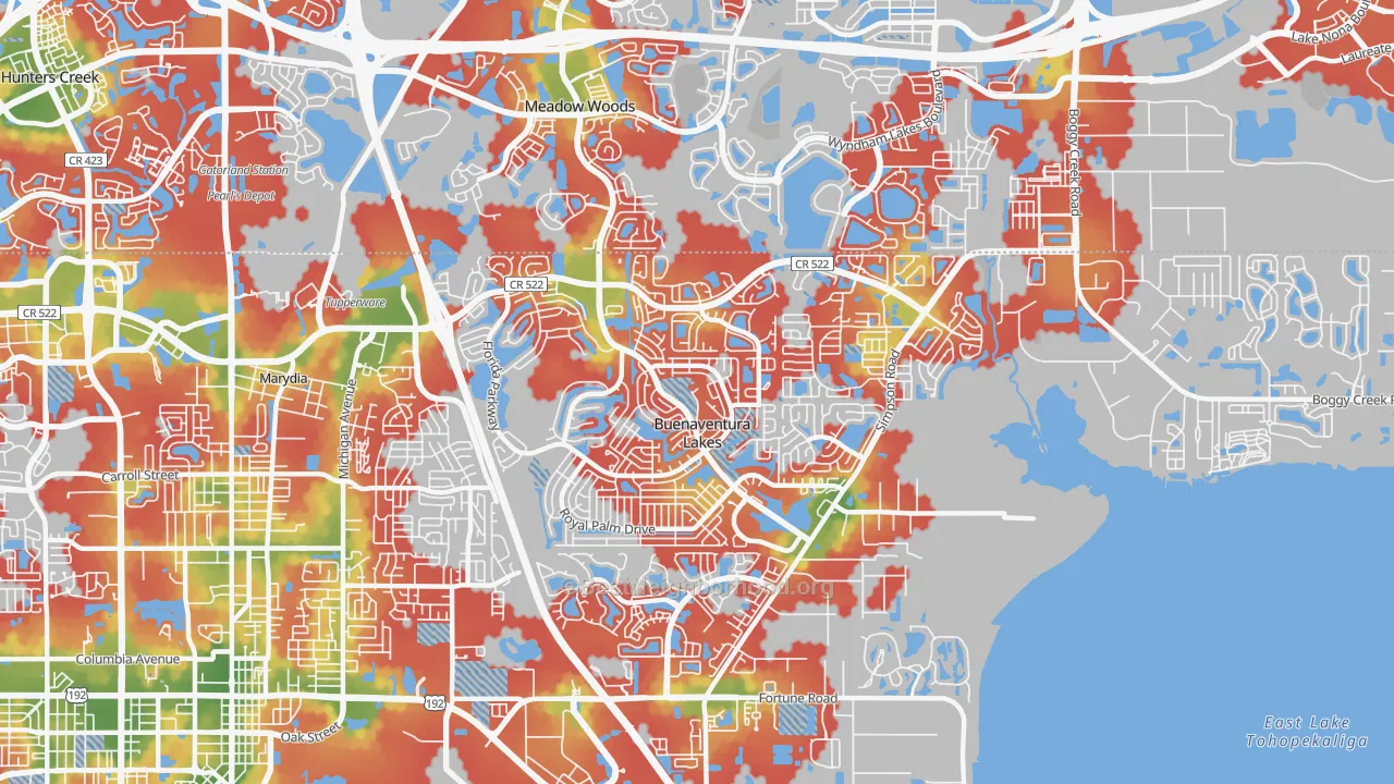 Walk Grade map of Buenaventura Lakes, FL, walkable areas in green and car-dependent areas in red
