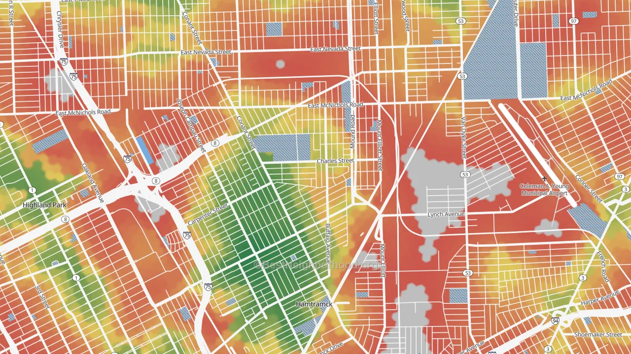 Walk Grade map of Buffalo Charles, Detroit, MI, walkable areas in green and car-dependent areas in red