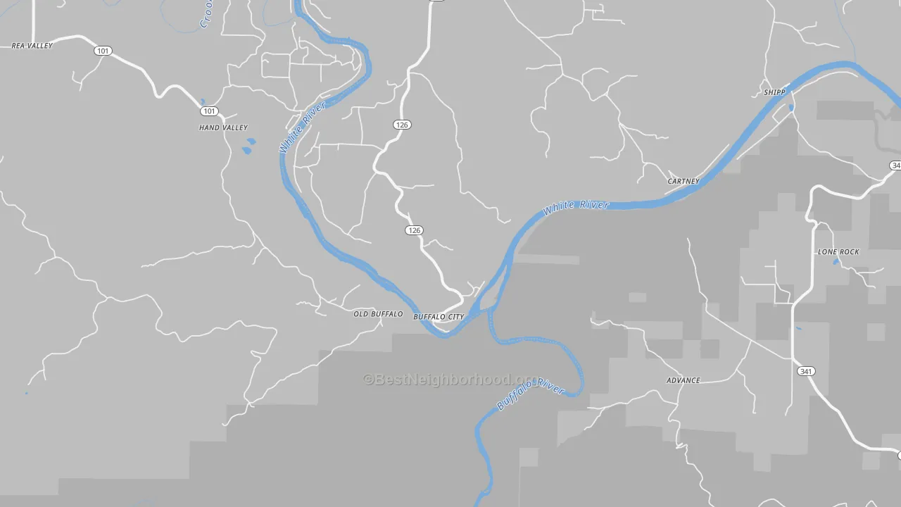 Walk Grade map of Buffalo City, AR, walkable areas in green and car-dependent areas in red