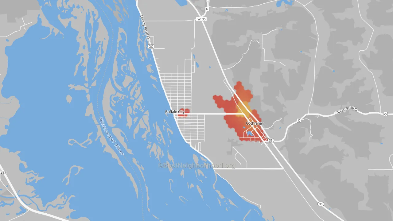 Walk Grade map of Buffalo City, WI, walkable areas in green and car-dependent areas in red