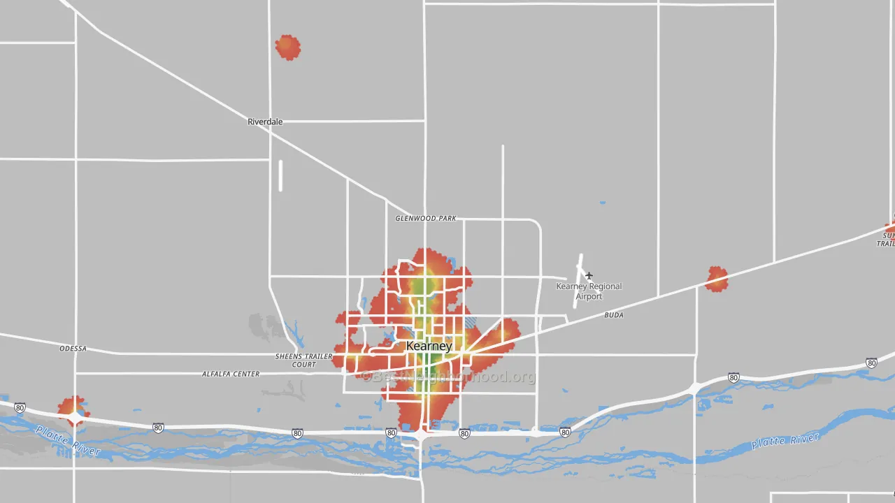 Walk Grade map of Buffalo County, NE, walkable areas in green and car-dependent areas in red