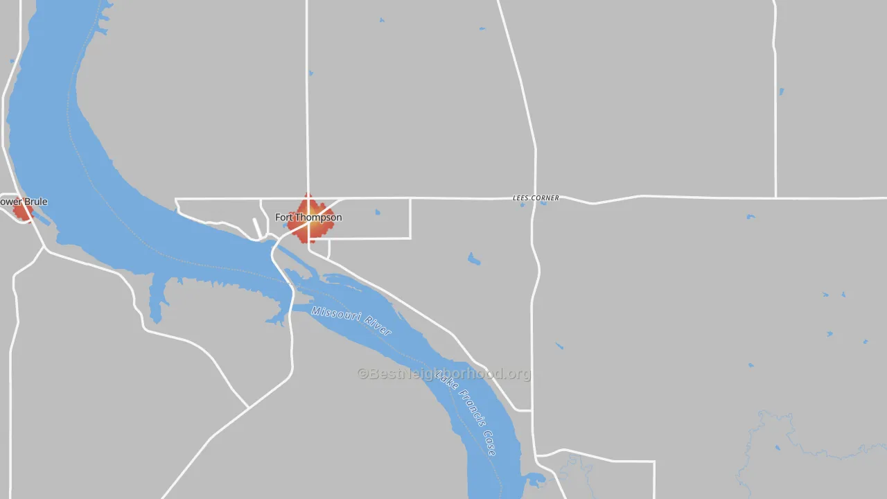 Walk Grade map of Buffalo County, SD, walkable areas in green and car-dependent areas in red