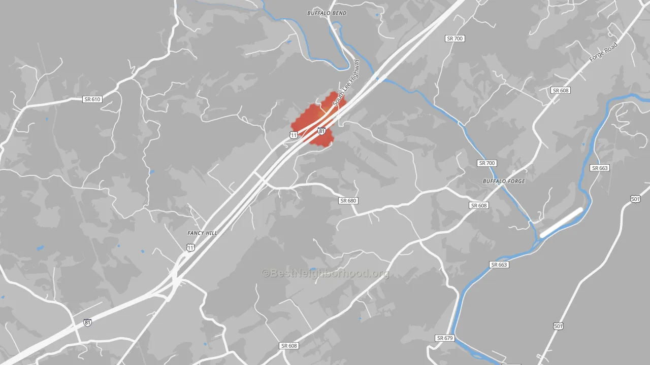Walk Grade map of Buffalo Forge, VA, walkable areas in green and car-dependent areas in red