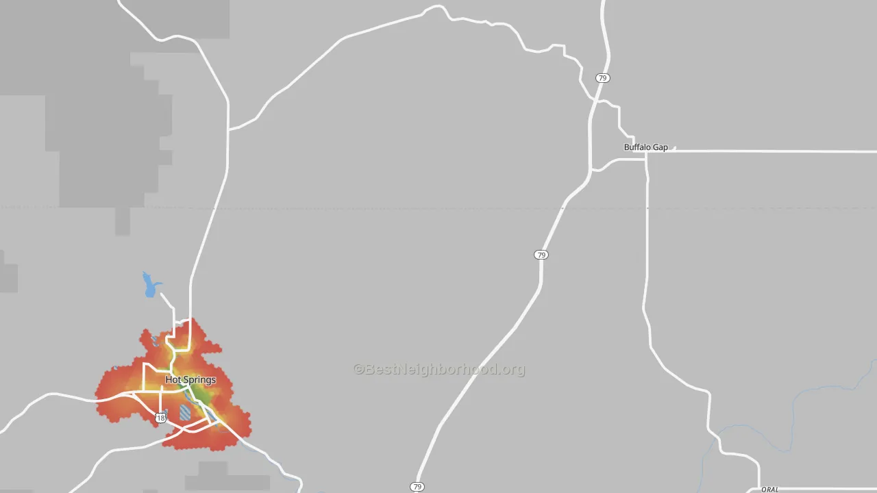 Walk Grade map of Buffalo Gap, SD, walkable areas in green and car-dependent areas in red