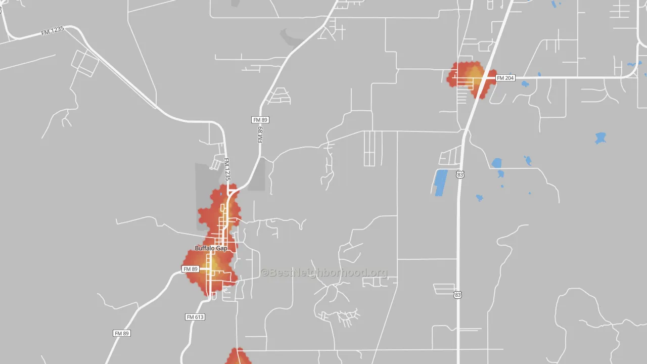 Walk Grade map of Buffalo Gap, TX, walkable areas in green and car-dependent areas in red