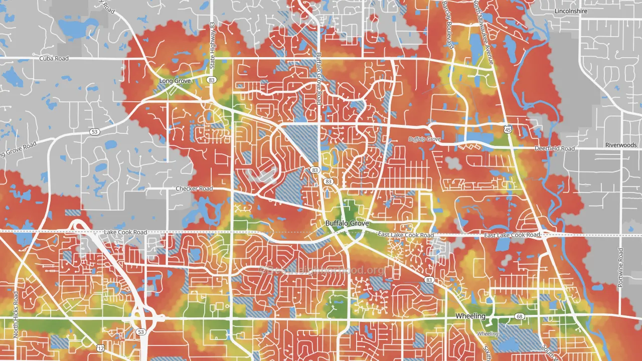 Walk Grade map of Buffalo Grove, IL, walkable areas in green and car-dependent areas in red