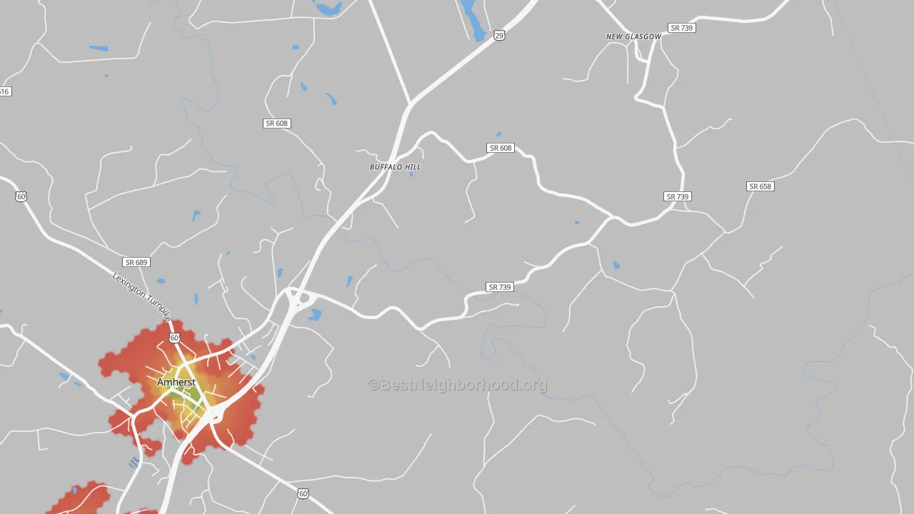 Walk Grade map of Buffalo Hill, VA, walkable areas in green and car-dependent areas in red