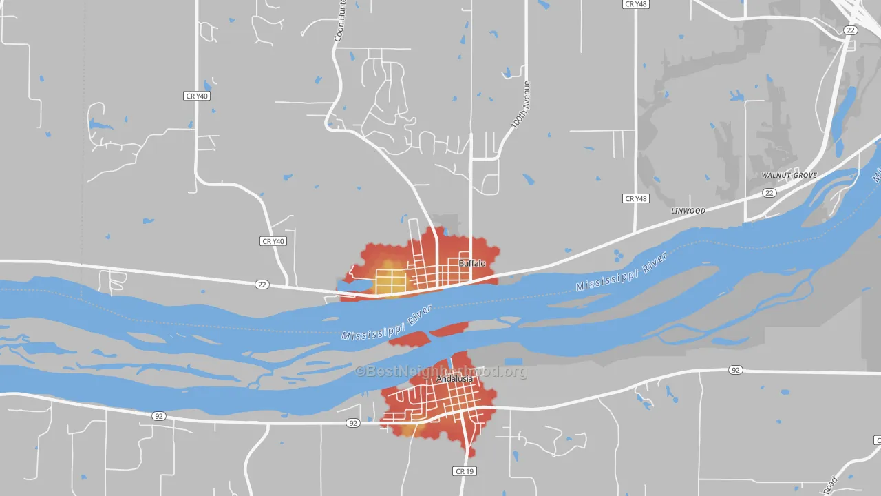 Walk Grade map of Buffalo, IA, walkable areas in green and car-dependent areas in red