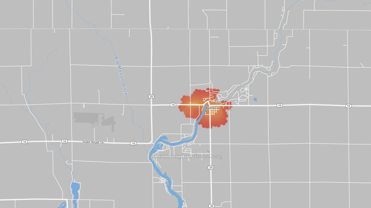 Walk Grade map of Buffalo, IN, walkable areas in green and car-dependent areas in red
