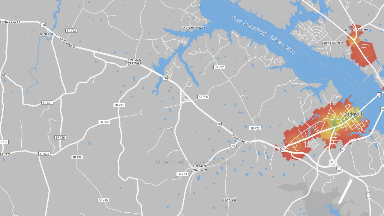 Walk Grade map of Buffalo Junction, VA, walkable areas in green and car-dependent areas in red
