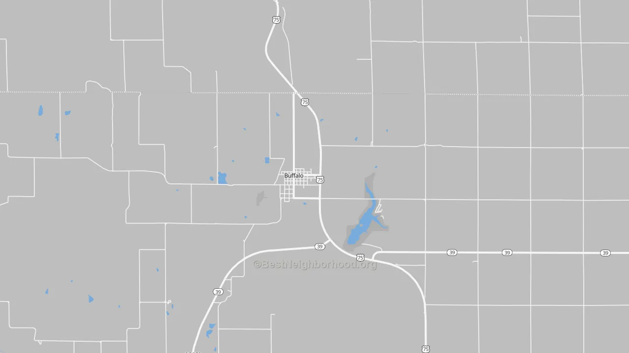 Walk Grade map of Buffalo, KS, walkable areas in green and car-dependent areas in red