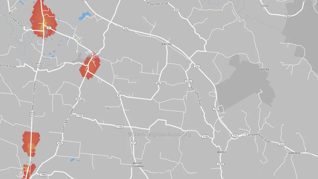 Walk Grade map of Buffalo, KY, walkable areas in green and car-dependent areas in red