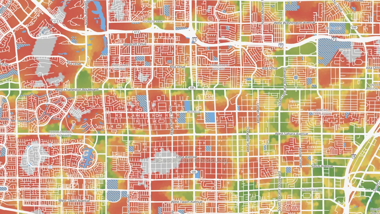 Walk Grade map of Buffalo, Las Vegas, NV, walkable areas in green and car-dependent areas in red