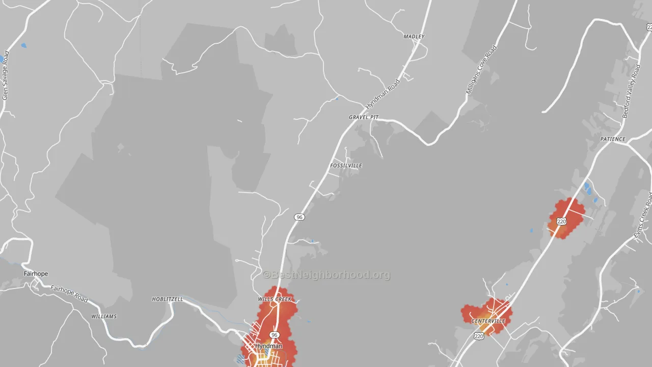 Walk Grade map of Buffalo Mills, PA, walkable areas in green and car-dependent areas in red