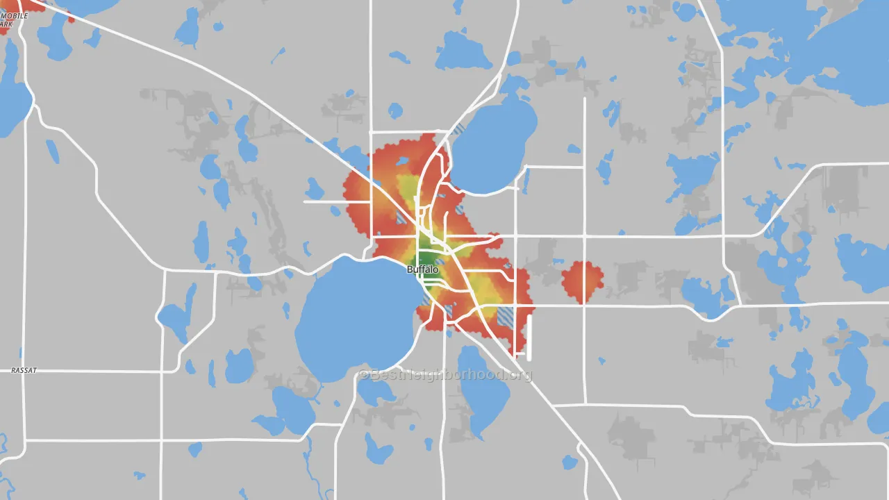 Walk Grade map of Buffalo, MN, walkable areas in green and car-dependent areas in red