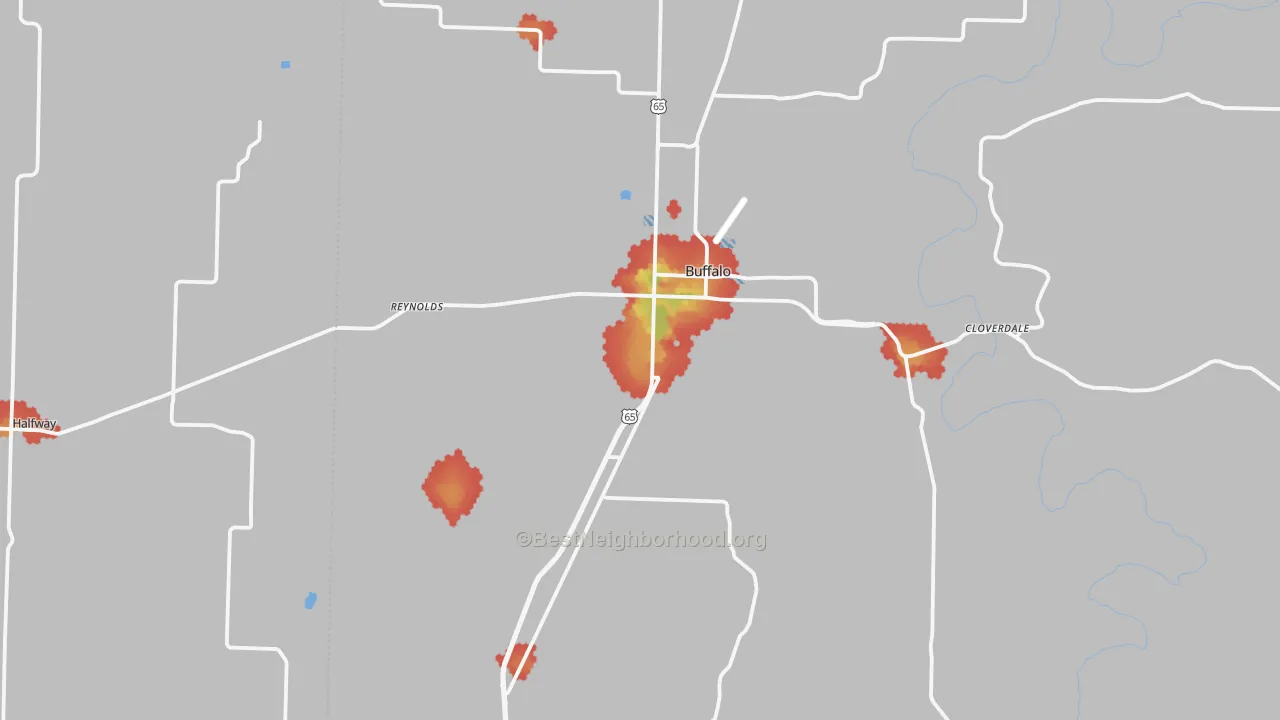 Walk Grade map of Buffalo, MO, walkable areas in green and car-dependent areas in red